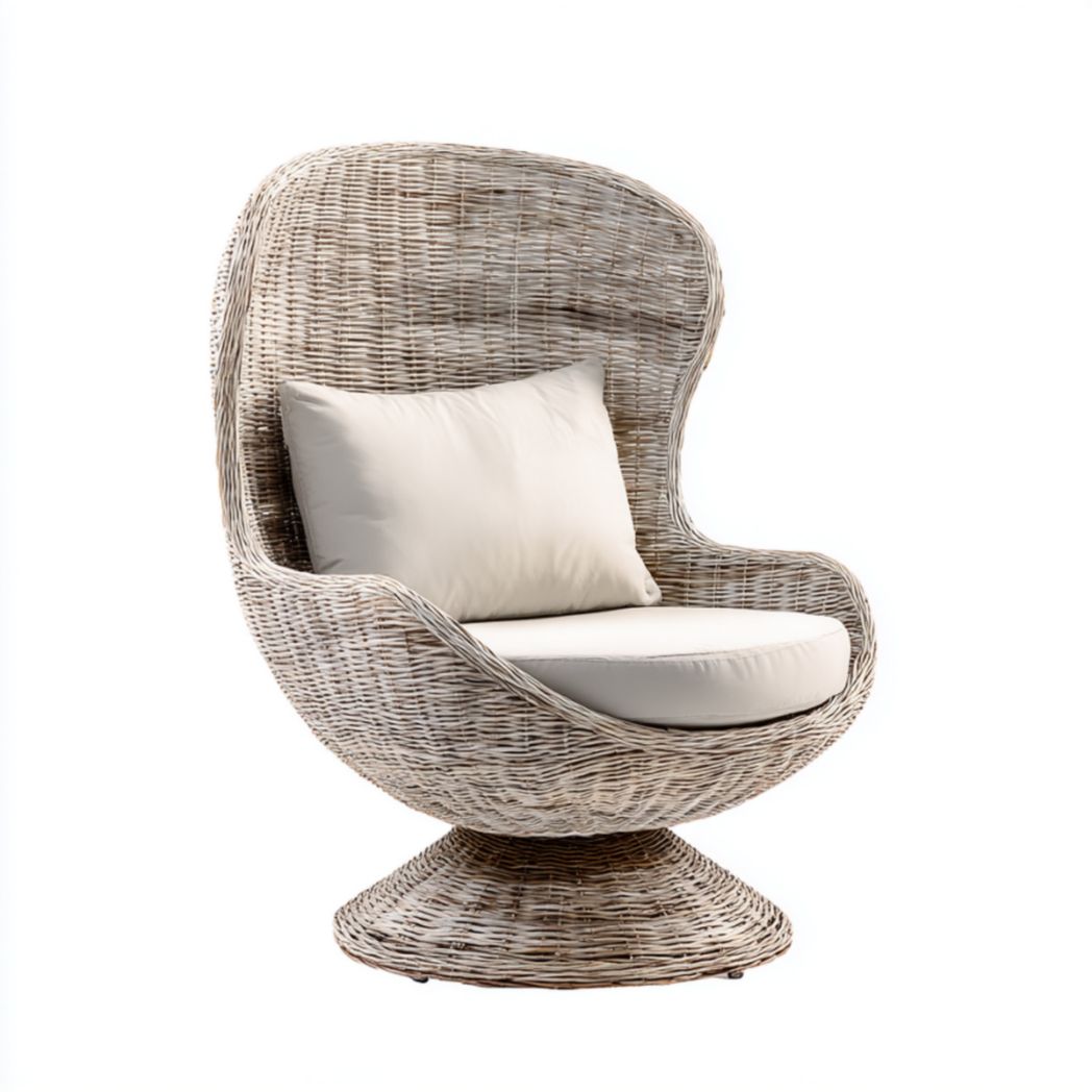 Sillón giratorio de exterior en ratán PE gris lavado con 2 cojines crema