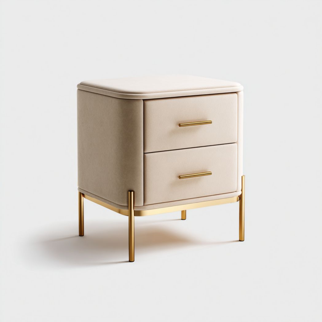 Mesita de noche beige con 2 cajones y base metálica dorada