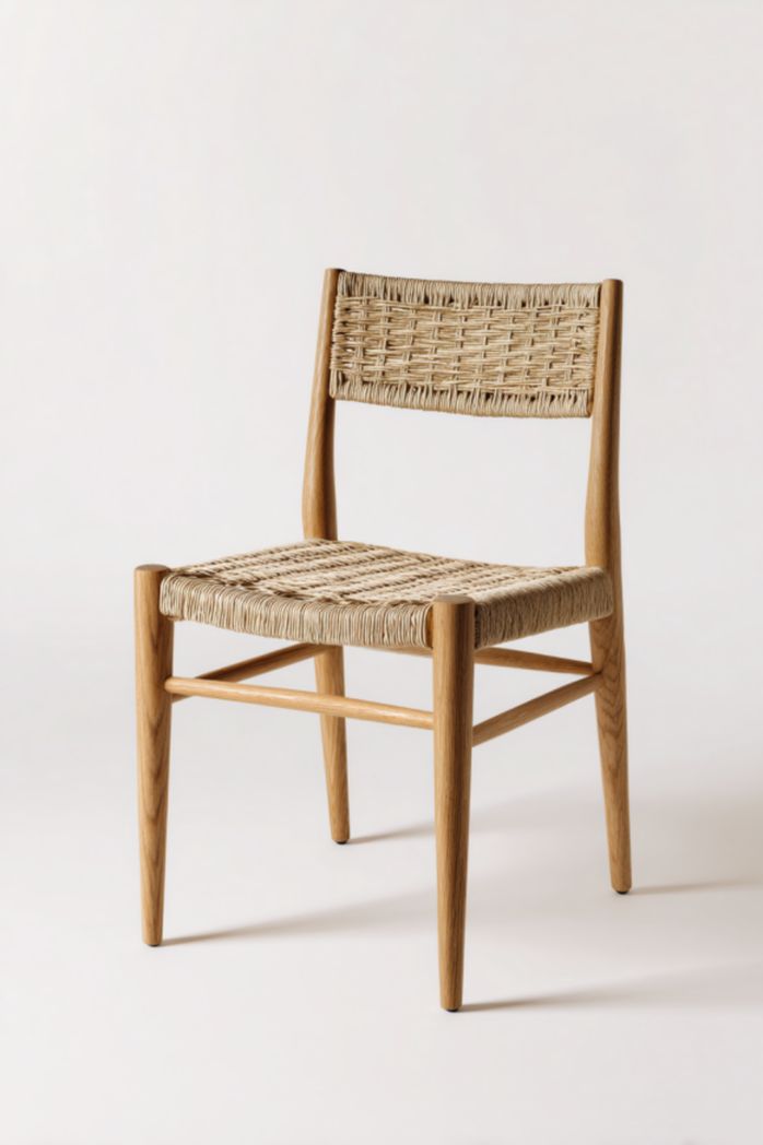 Silla de jardín de madera natural con asiento y respaldo de cuerda beige, sin brazos 49×53×82 cm