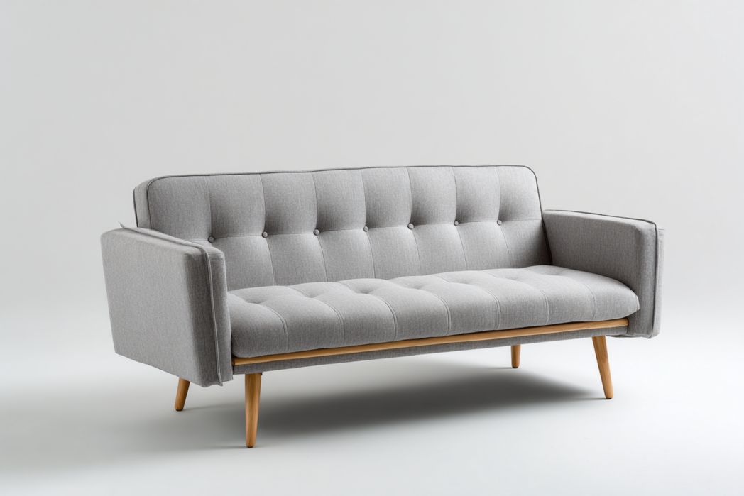 Sofá 3 plazas gris con patas de madera y diseño nórdico