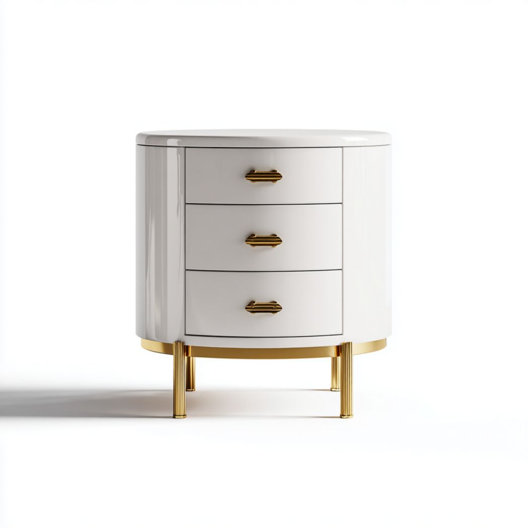 Mesita de noche blanca con 3 cajones y detalles dorados