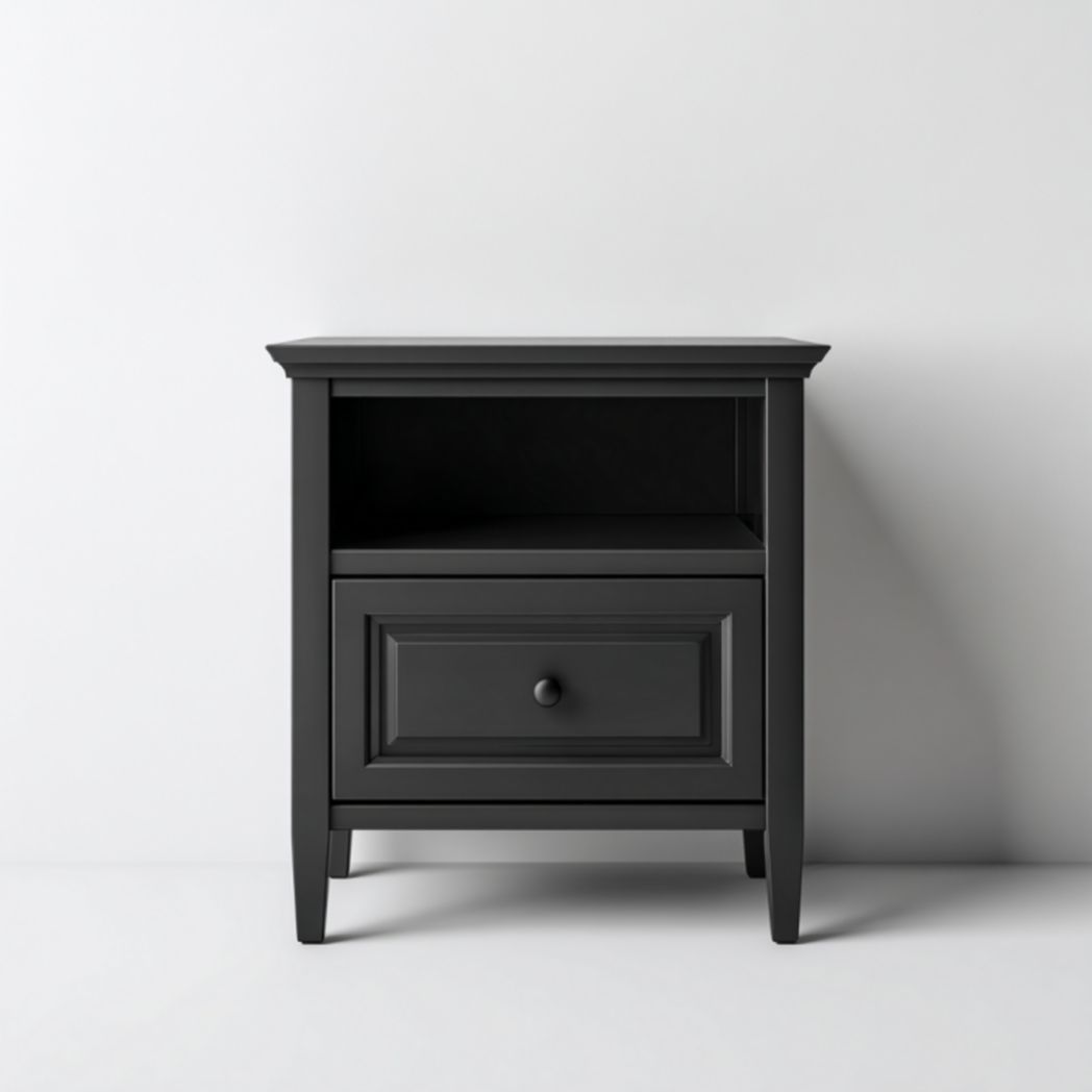 Mesita de noche negra de madera con 1 cajón y estante abierto