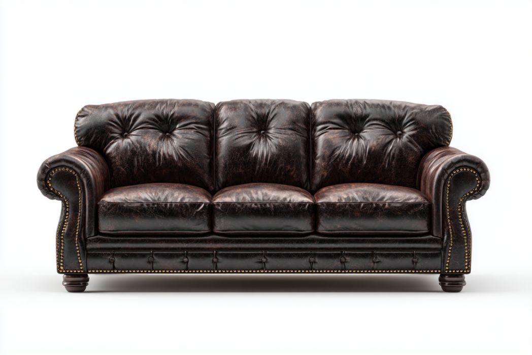 Sofá 3 plazas en cuero marrón oscuro con diseño clásico y detalles de tachuelas