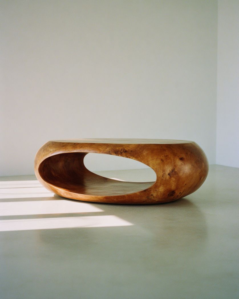 Mesa de centro orgánica de madera maciza color miel con hueco central, 120×70×32 cm