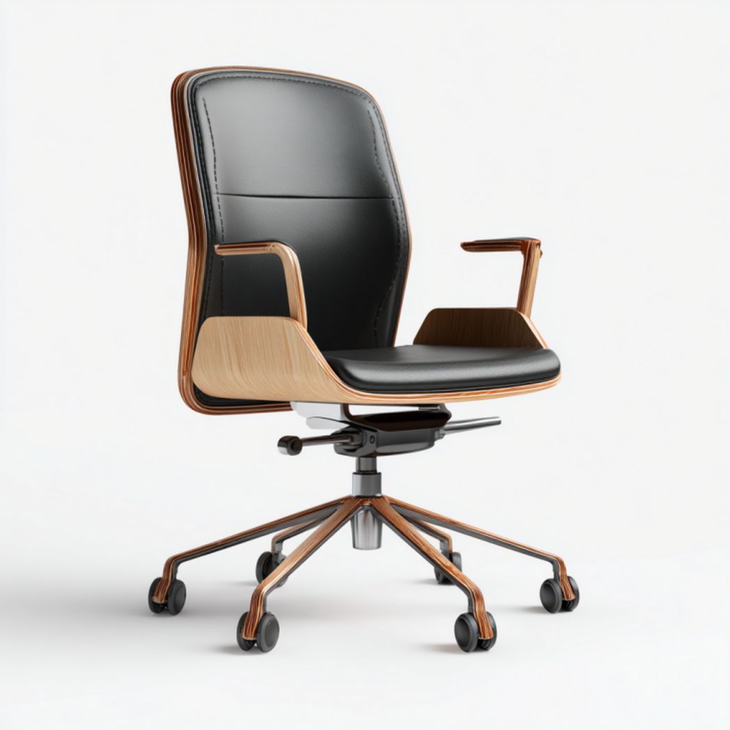 Silla de oficina giratoria en piel negra con brazos y estructura de madera, base metálica con ruedas