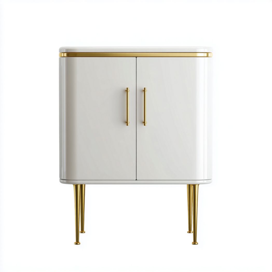 Zapatero blanco de dos puertas con patas y tiradores dorados