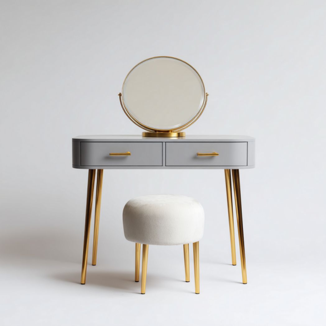 Tocador gris con espejo redondo, dos cajones y taburete acolchado blanco