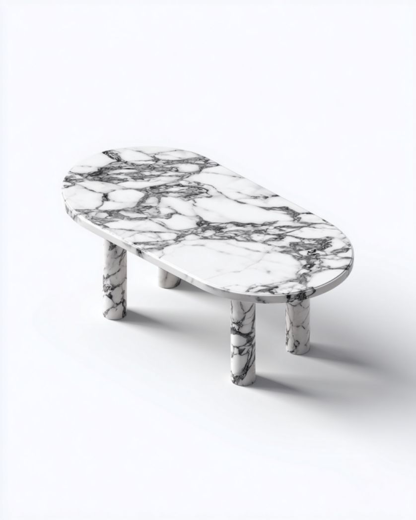 Mesa de centro oval de mármol blanco veteado con patas cilíndricas, 110×60×35 cm
