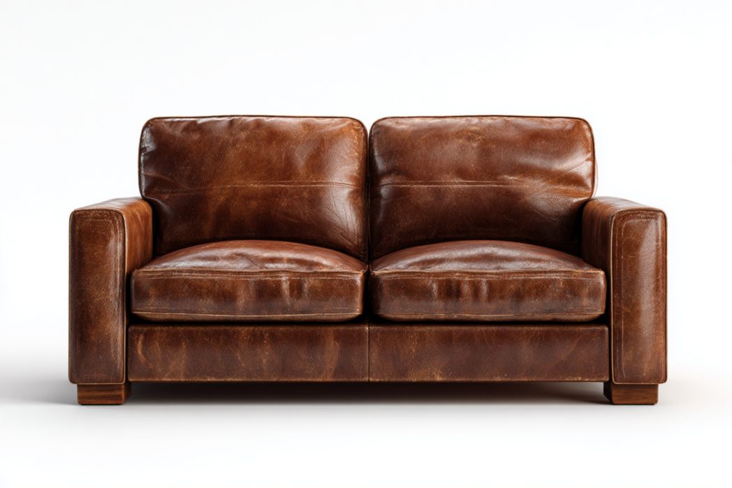 Sofá 2 plazas marrón de piel sintética con reposabrazos rectos