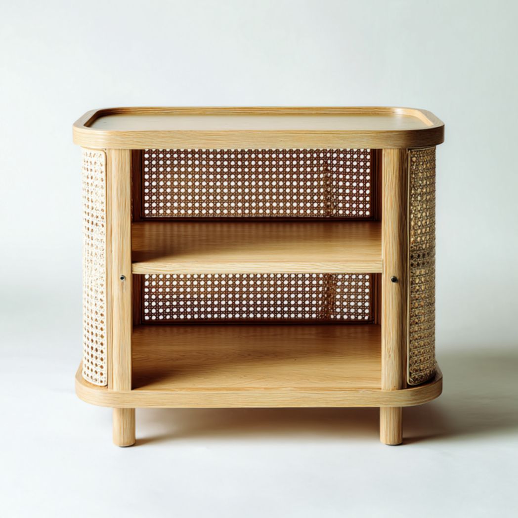 Mesita de noche de madera natural con diseño de ratán y estantes abiertos