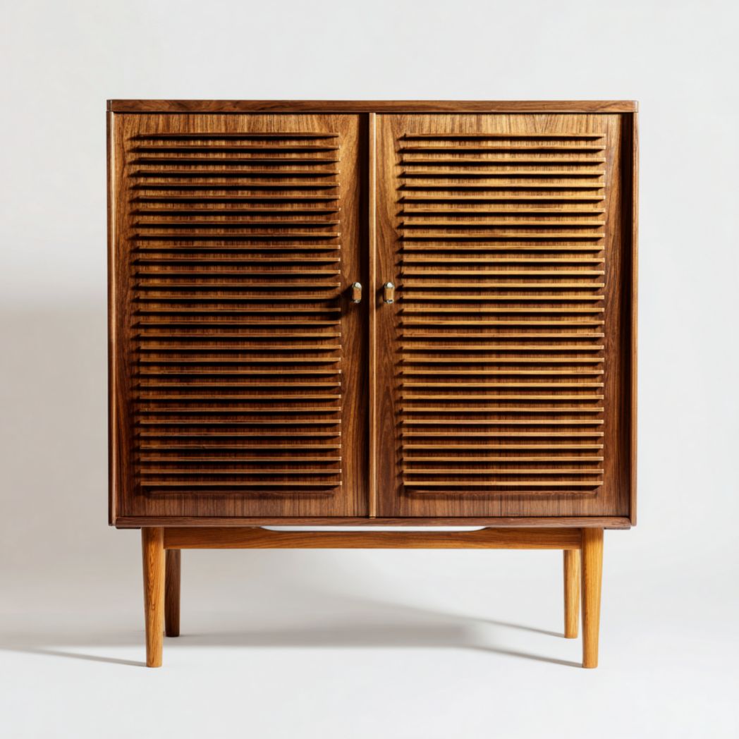 Zapatero de madera color nogal con puertas tipo persiana