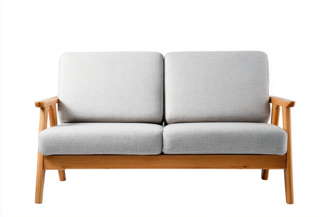 Sofá 2 plazas gris claro con cojines y estructura de madera estilo nórdico