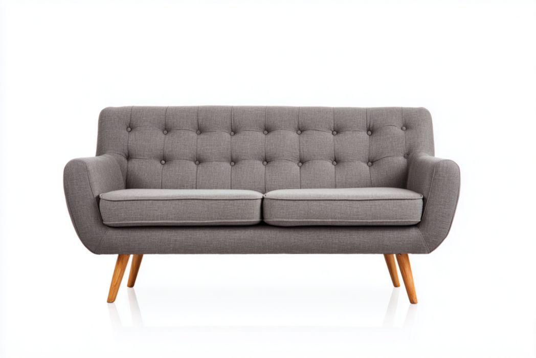 Sofá 2 plazas gris de tela con respaldo capitoné y patas de madera