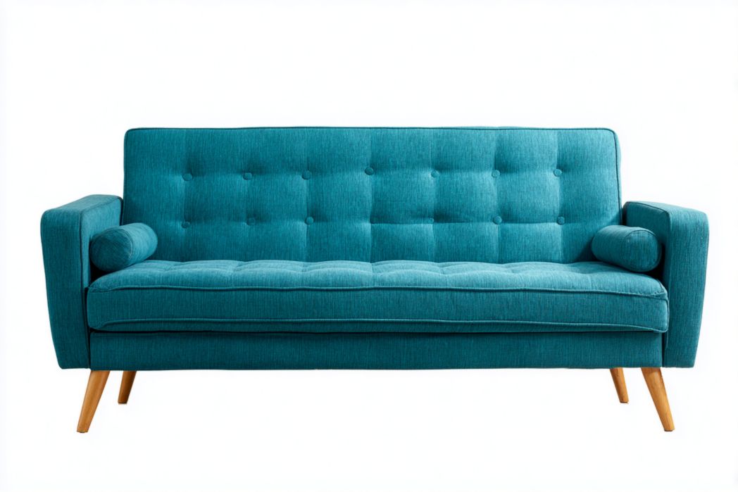 Sofá 3 plazas azul de tela con cojines cilíndricos y patas de madera