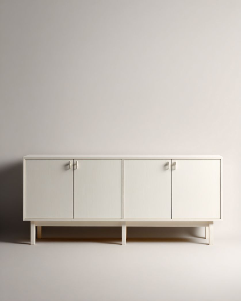 Aparador marfil de 4 puertas con patas altas y tiradores metálicos, 180×40×75 cm