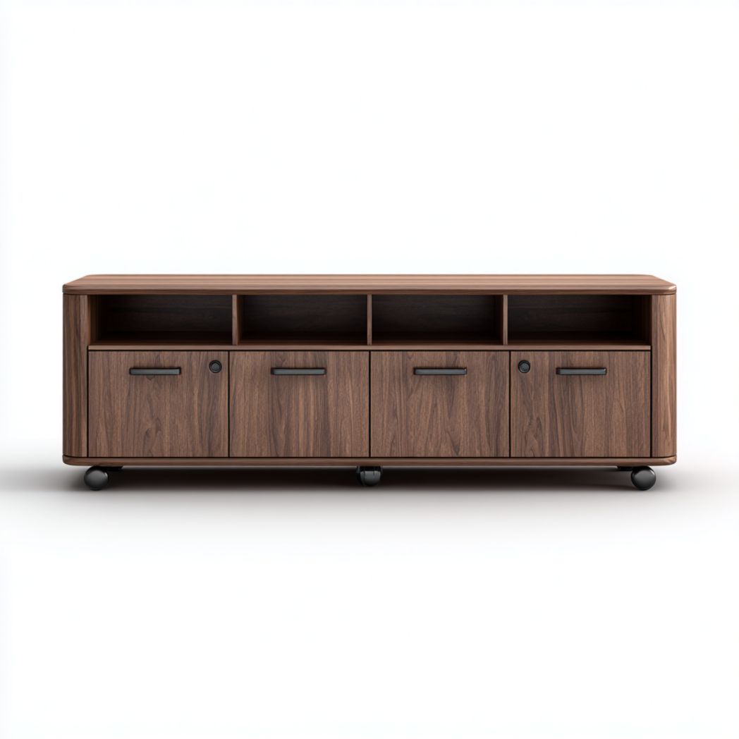 Mueble TV color nogal con ruedas, 4 huecos abiertos y 4 puertas — esquinas redondeadas 150×40×55 cm