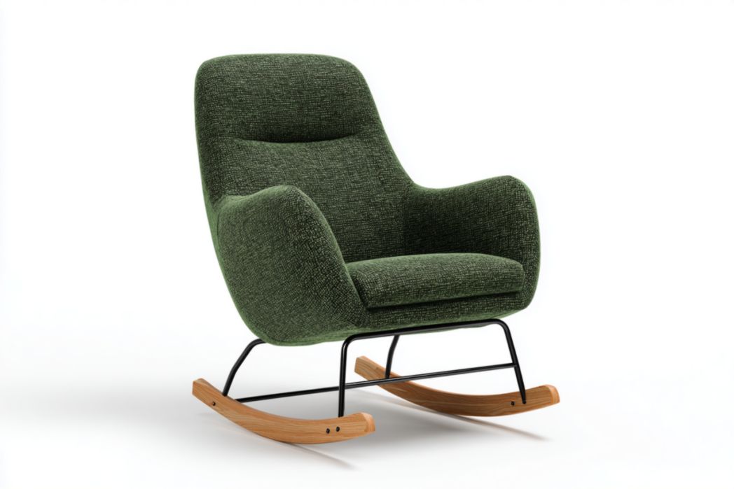 Mecedora tapizada verde oscuro con estructura negra y patines de madera