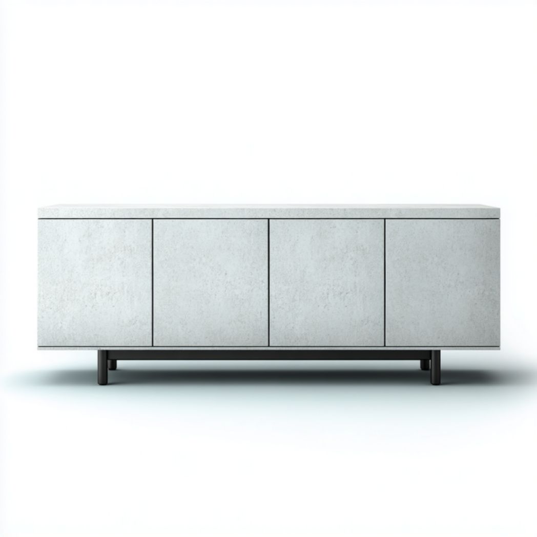 Mueble TV gris efecto hormigón con base metálica negra y 4 puertas – 180×40×55 cm