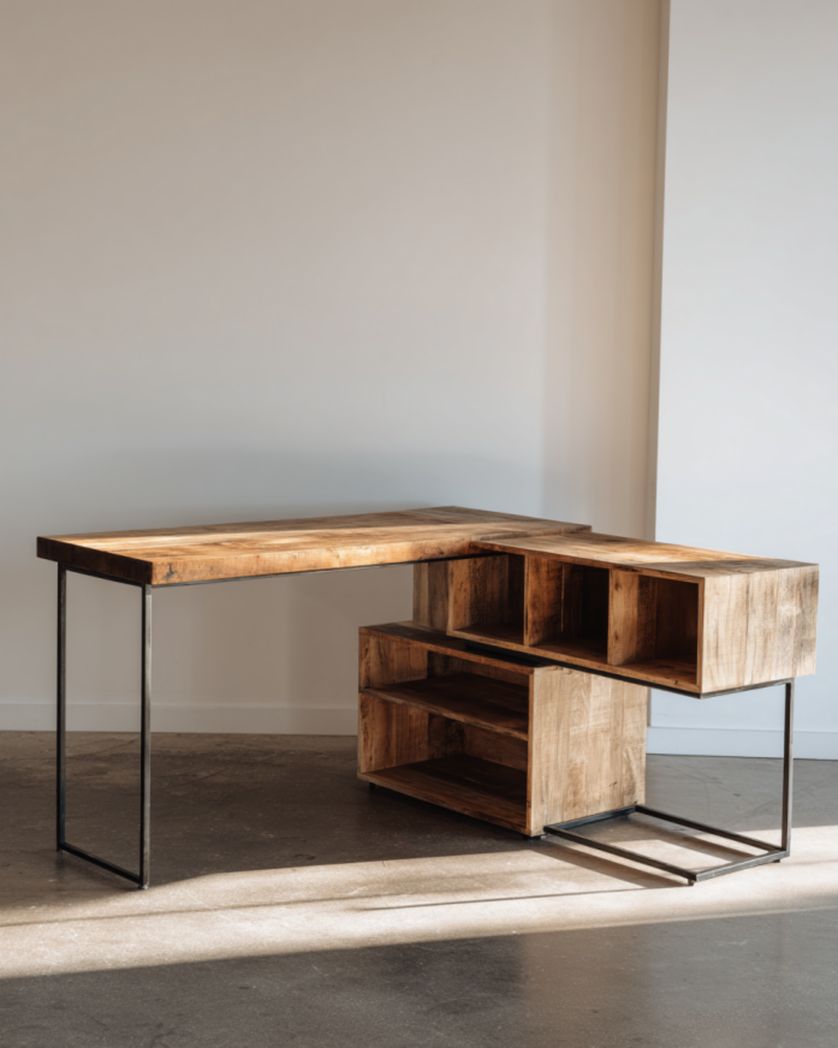 Mesa de centro roble natural con estructura metálica negra y estantes abiertos, 120×60×42 cm