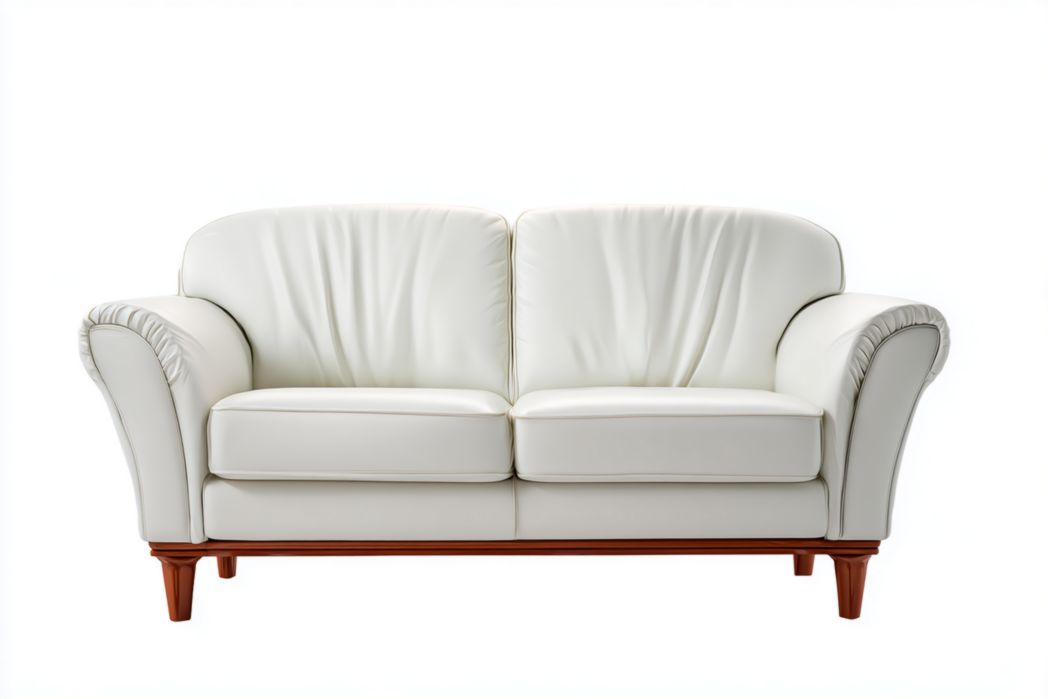 Sofá 2 plazas blanco de piel sintética con reposabrazos curvados y base de madera