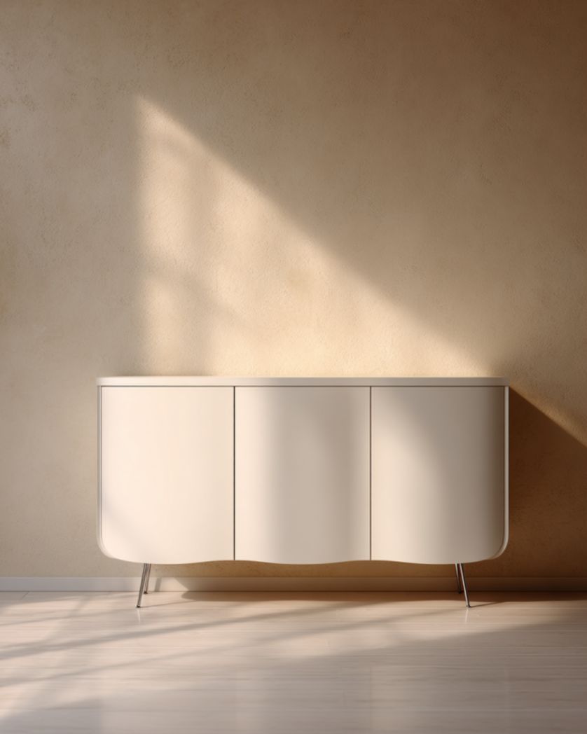 Aparador de 3 puertas en beige mate con bordes curvos y patas metálicas, 150×40×80 cm