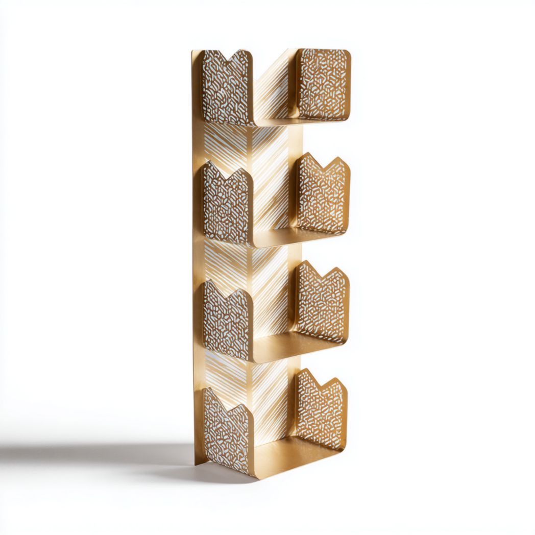 Estantería metálica dorada con diseño calado de 4 niveles para pared