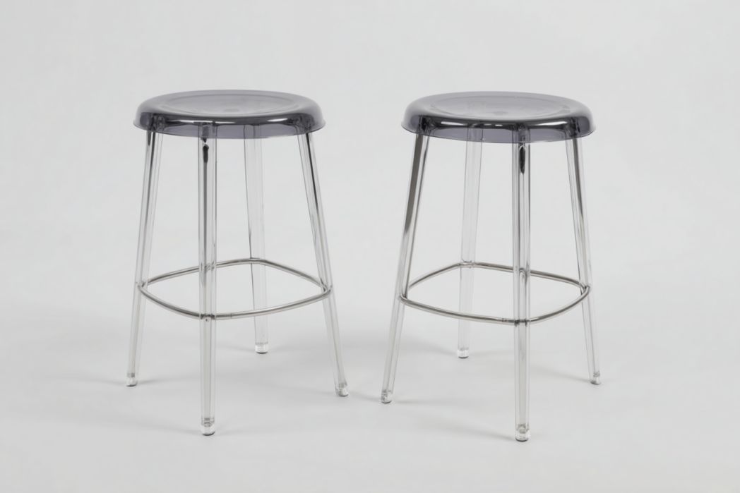 Juego de 2 taburetes de bar transparentes de acrílico con asiento redondo sin respaldo y reposapiés