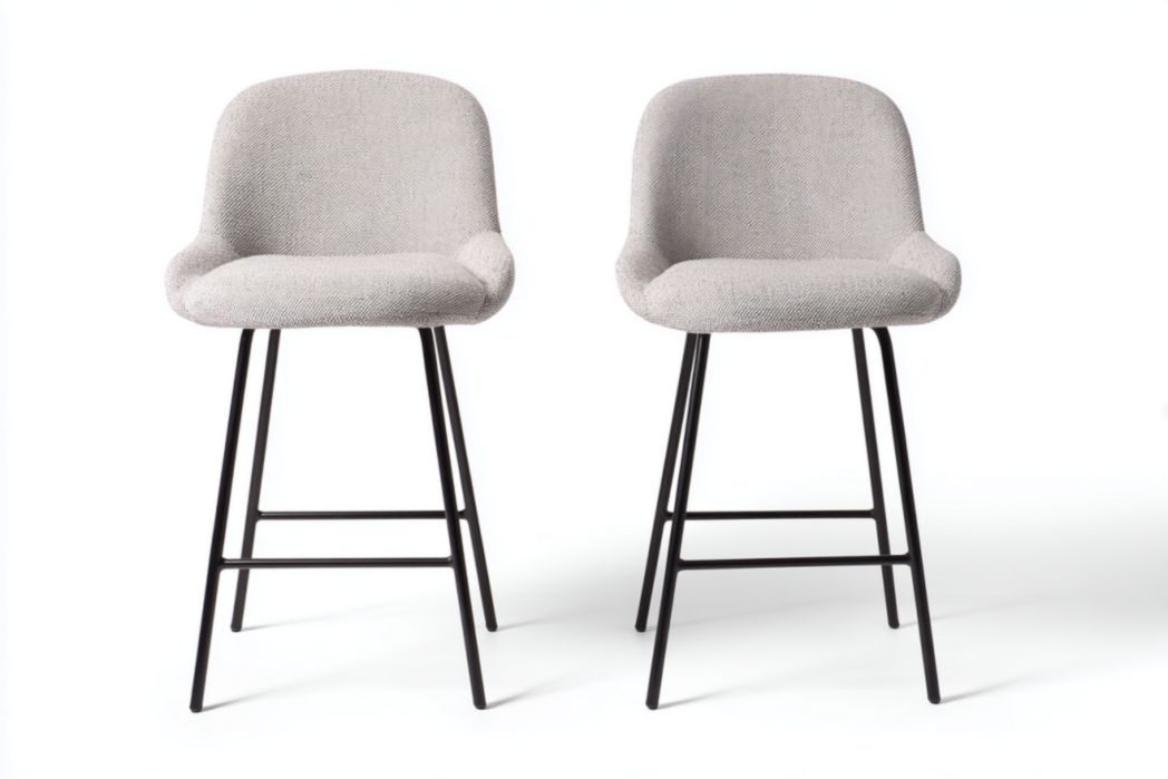 Juego de 2 taburetes de bar grises tapizados en tela con respaldo y patas metálicas negras