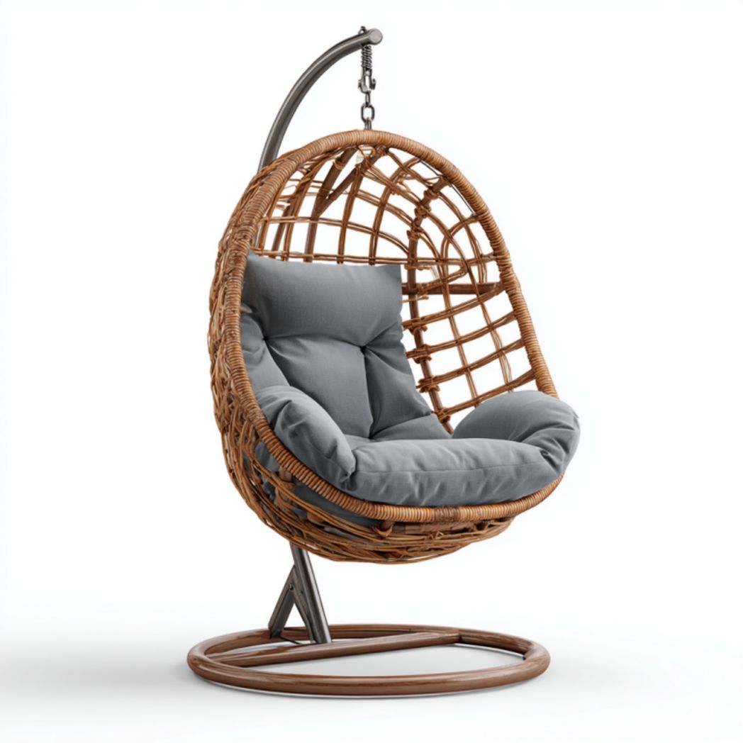 Silla colgante tipo huevo con soporte gris antracita – ratán PE natural y cojines grises