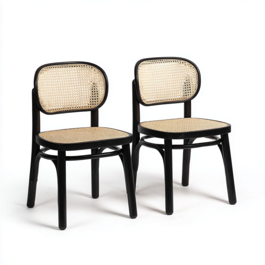 Pack 2 sillas de comedor negras con estructura de madera curvada y asiento/respaldo de ratán