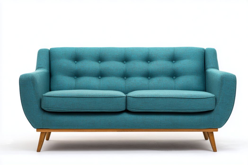 Sofá de 2 plazas en tela azul turquesa con cojines desmontables y patas de madera