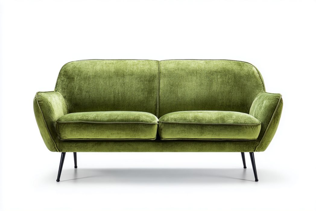Sofá 2 plazas verde terciopelo con patas metálicas modernas