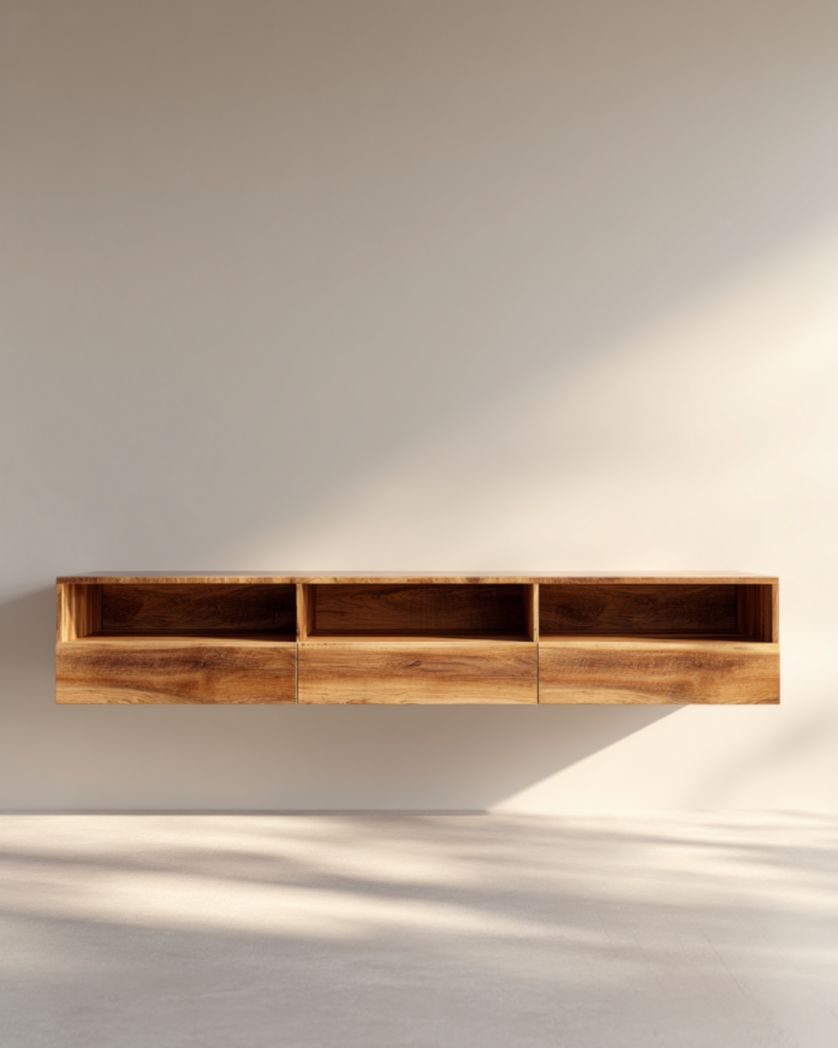 Mueble TV flotante color roble con 3 nichos y 3 cajones, 180×35×28 cm