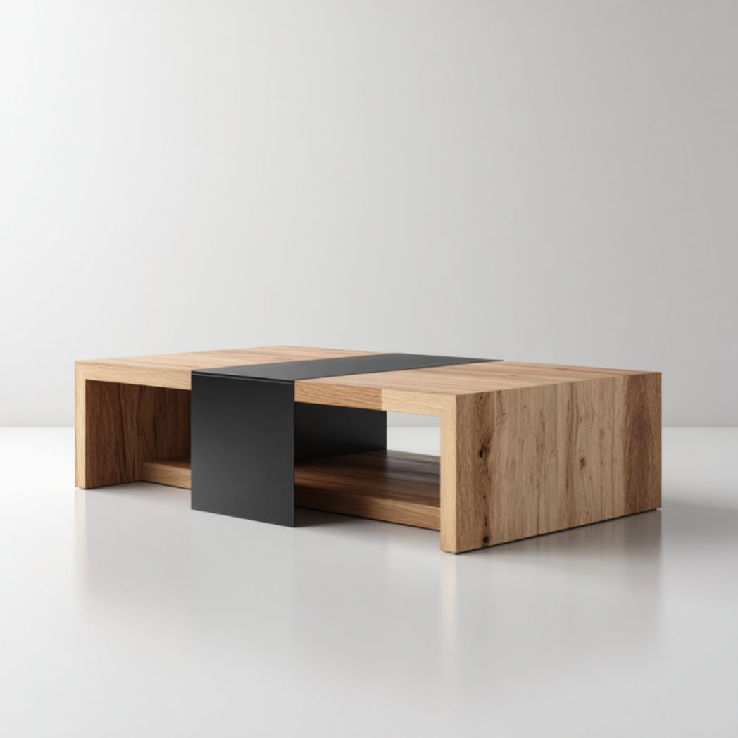 Mesa de centro rectangular en roble con banda metálica negra y estante abierto 120×70×32 cm