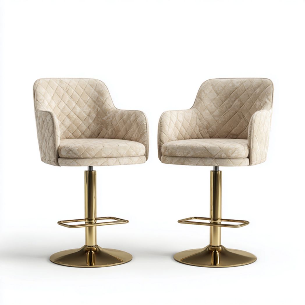 Juego de 2 taburetes de bar en terciopelo beige con respaldo, reposabrazos y base dorada