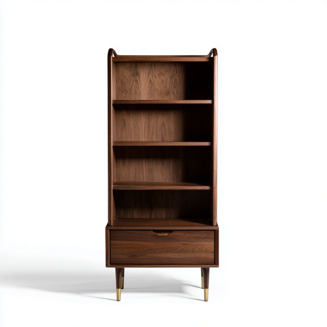 Estantería de madera color nogal con cajón inferior y 4 baldas