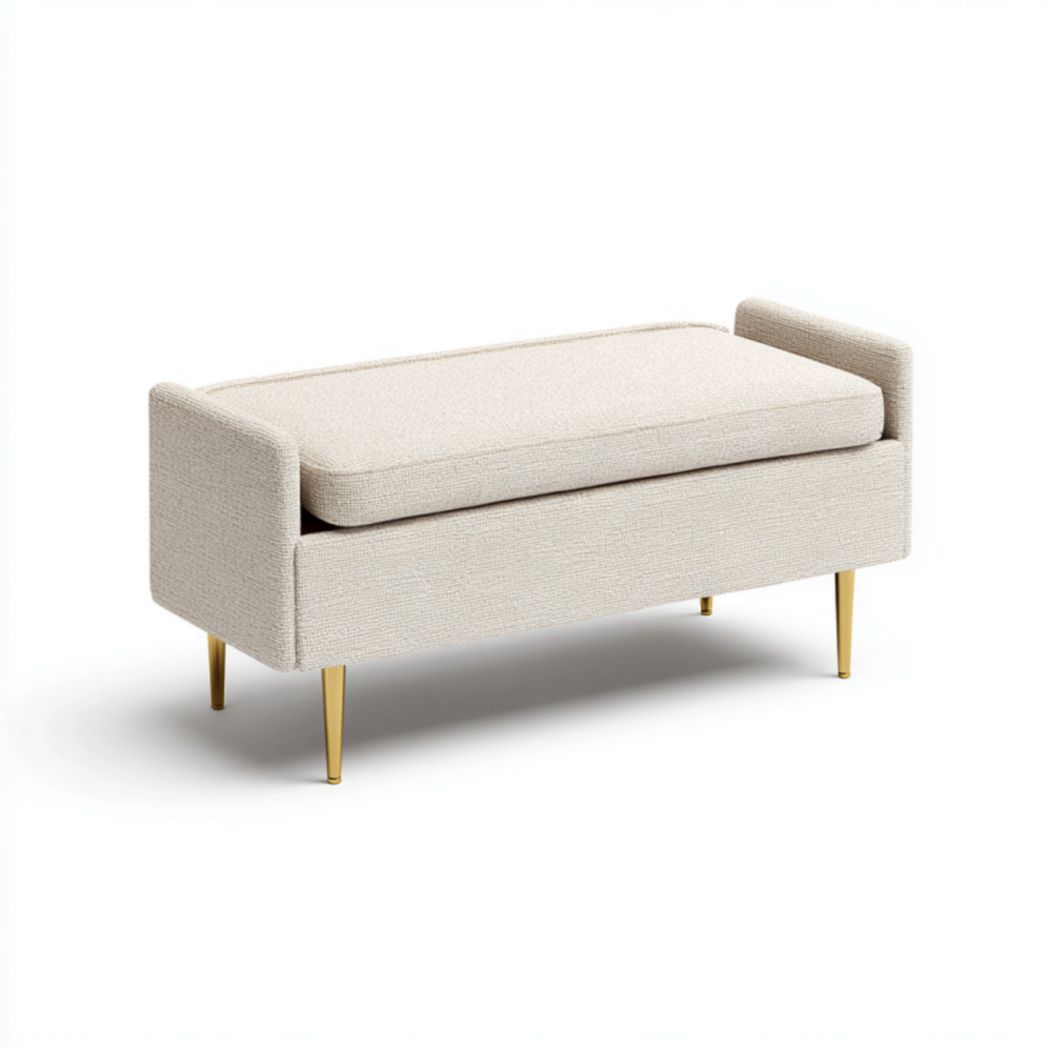 Banco tapizado en tela beige con cojín desmontable y patas metálicas doradas