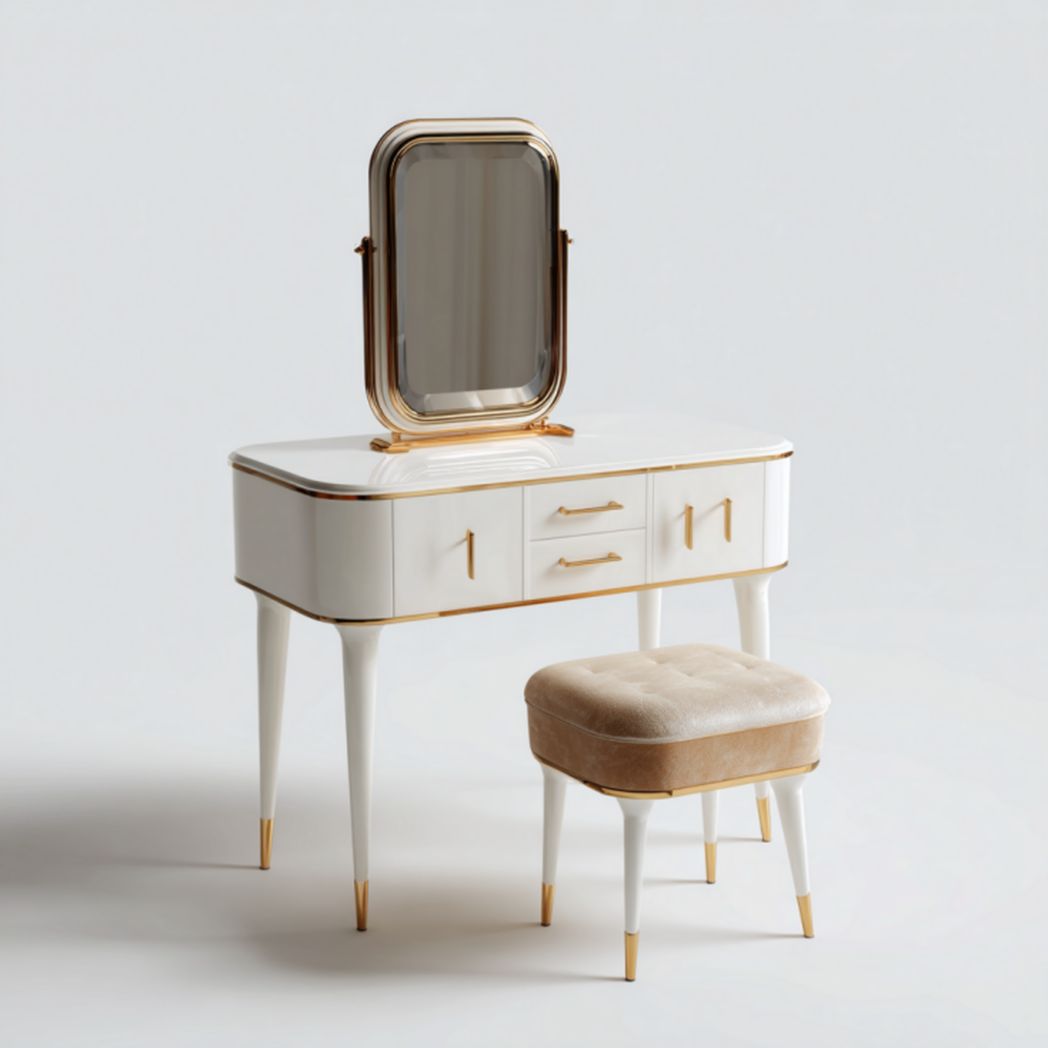 Tocador blanco con espejo, cajones y taburete acolchado