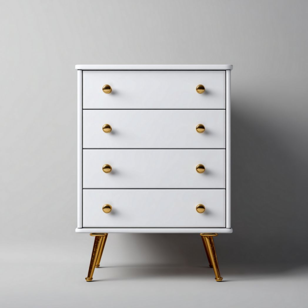 Cómoda blanca de 4 cajones con tiradores y patas doradas, 80×40×95 cm