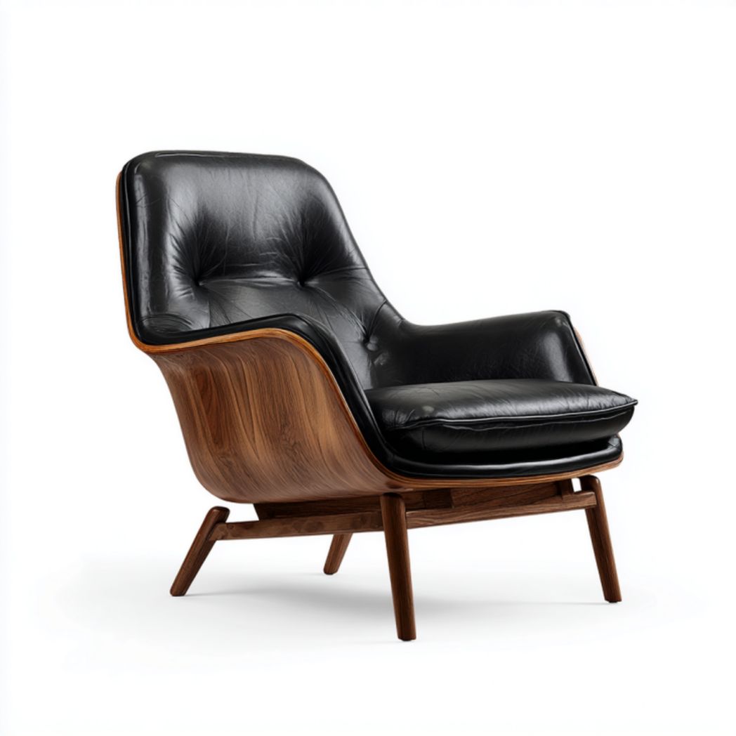 Sillón lounge negro en PU con carcasa de madera tono nogal y patas macizas