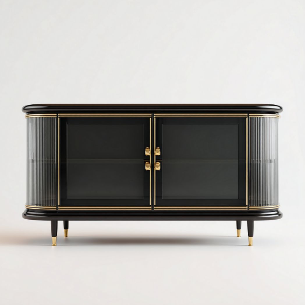 Mueble TV negro brillo con detalles dorados y laterales de vidrio, 120×40×55 cm