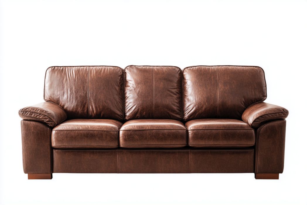 Sofá 3 plazas en cuero marrón con respaldo acolchado y reposabrazos amplios