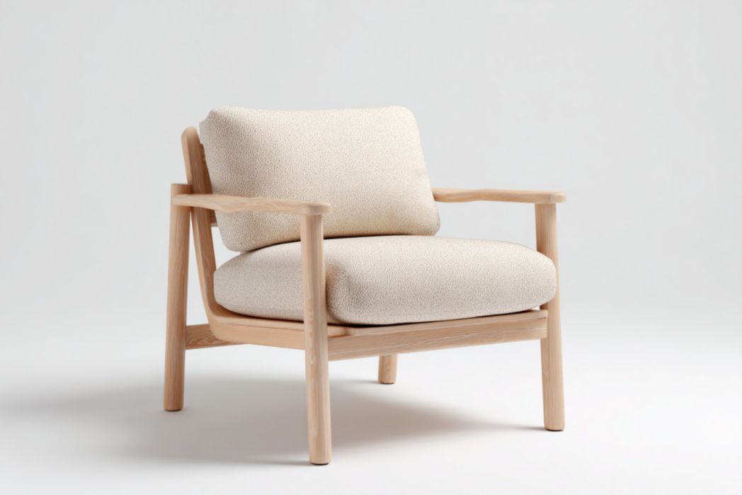 Sillón lounge crema con cojines y estructura de madera clara