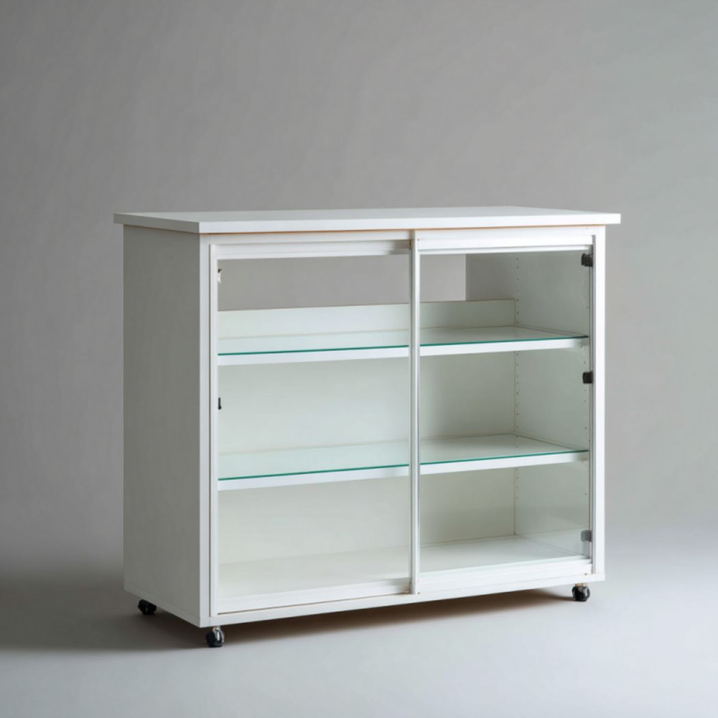Aparador vitrina blanco con puertas correderas de vidrio y ruedas, 120×45×90 cm