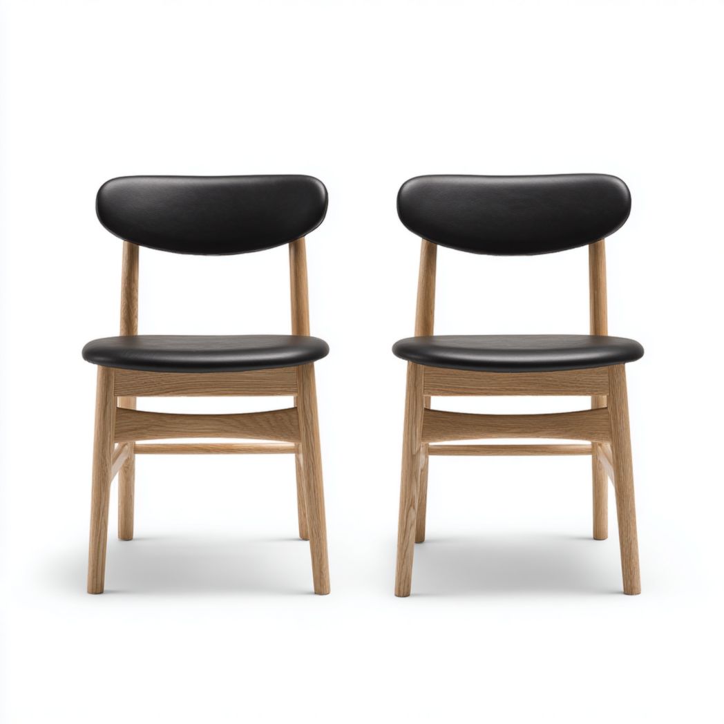 Pack 2 sillas de comedor, estructura efecto roble y tapizado negro con respaldo curvo