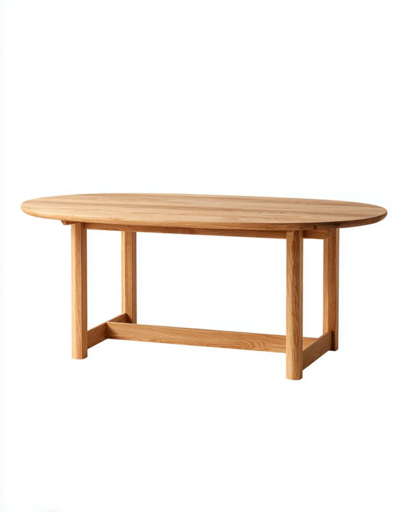 Mesa de comedor ovalada de madera maciza roble natural con travesaños, 180×90×75 cm