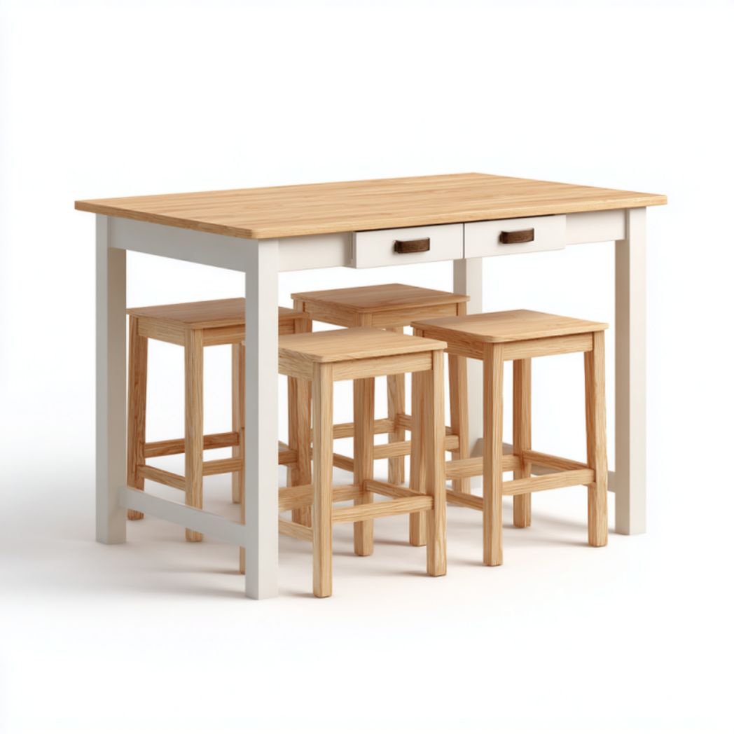 Mesa de centro blanca con sobre madera y 4 taburetes encastrables + 2 cajones, 120×70×76 cm