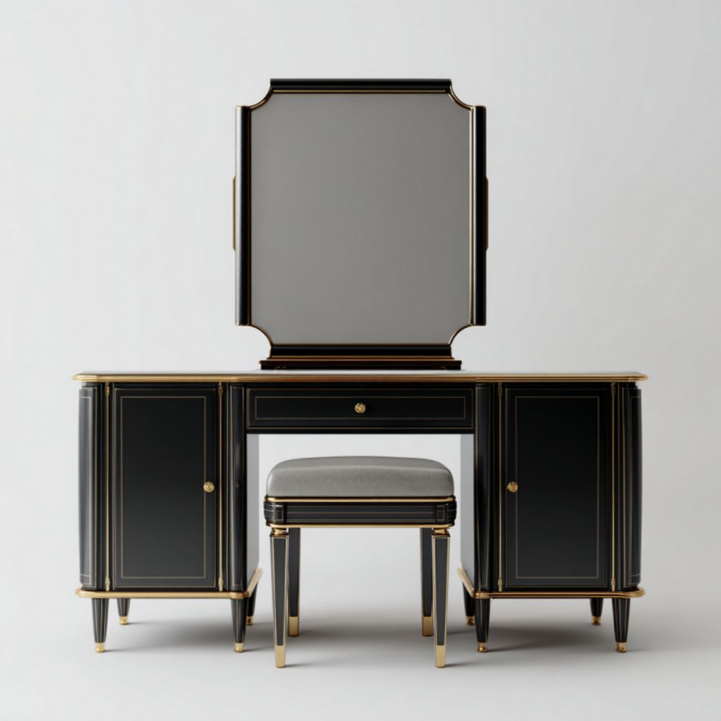Tocador negro con detalles dorados, espejo cuadrado y taburete acolchado gris