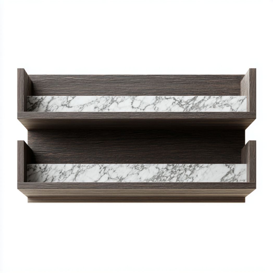 Estantería de pared en madera oscura con 2 niveles y detalles en mármol blanco