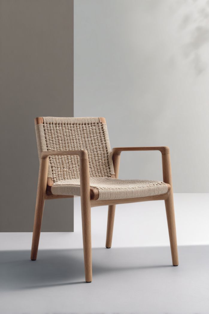 Silla de jardín de madera natural con cuerda beige, respaldo y asiento transpirables 55×58×83 cm